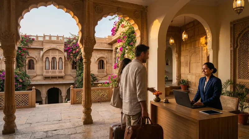 Front desk manager welcoming guests at a heritage boutique hotel