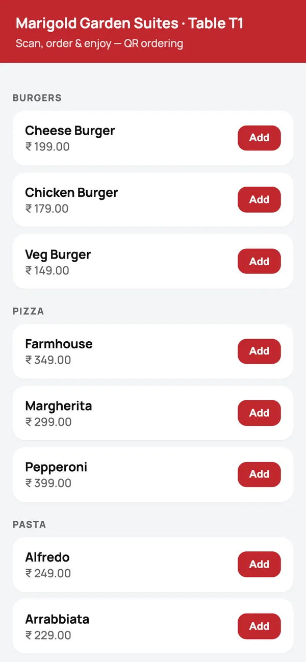 Guest QR ordering menu on a phone